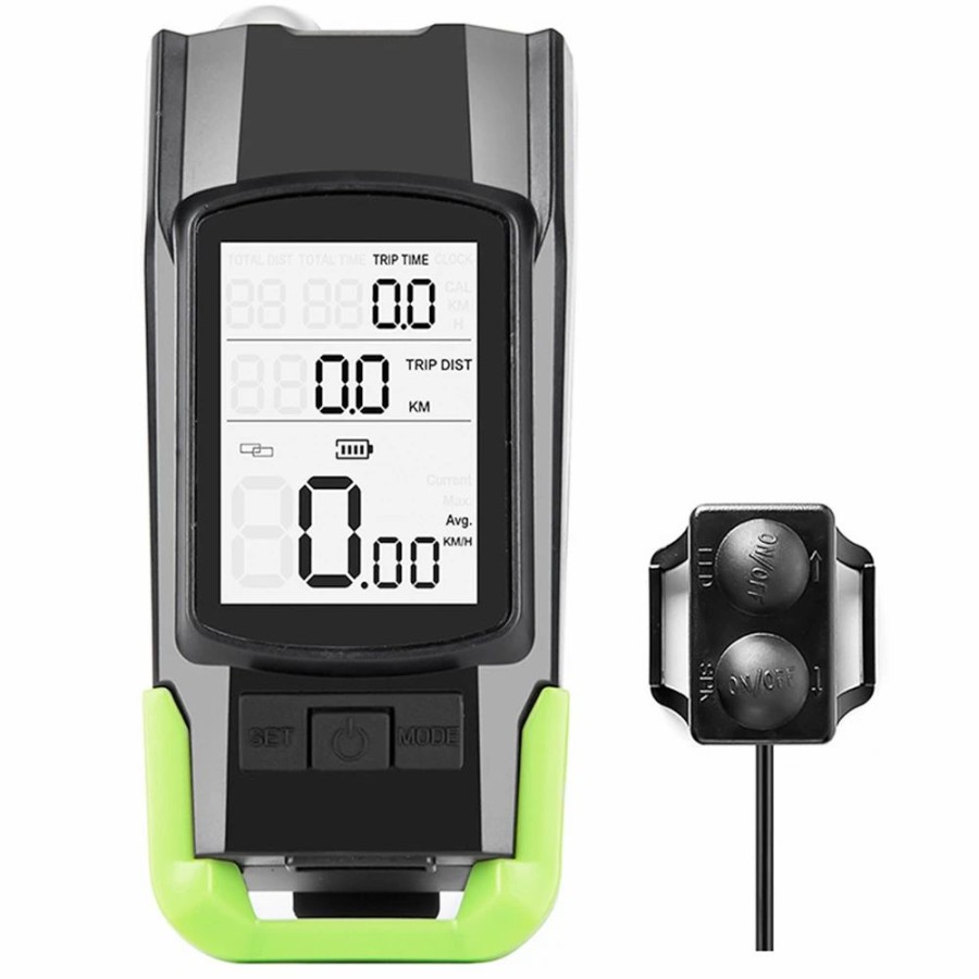 Cycling * | 3-In-1 Bicycle Speedometer Wireless Usb Rechargeable Double T6 Led Bike Light Bike Computer With Alarm Horn Green