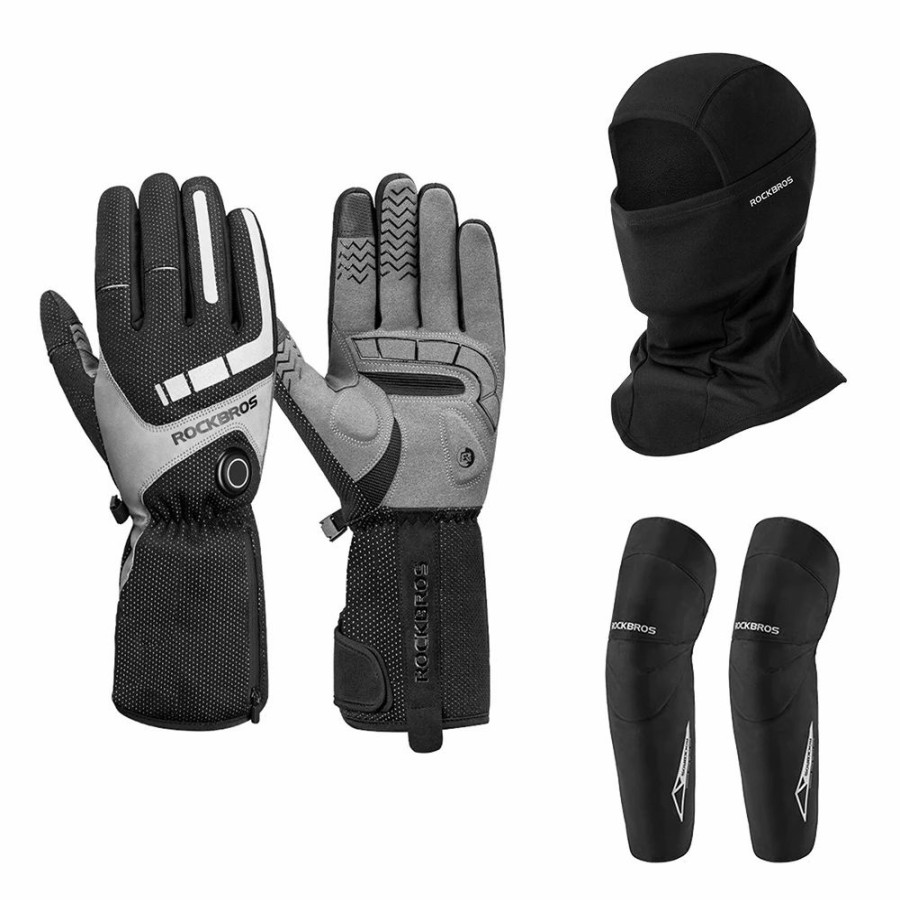 Cycling * | Rockbros Bicycles Heating Gloves L & Face Mask Headwear Hat & Winter Cycle Knee Pad Equipment Pack