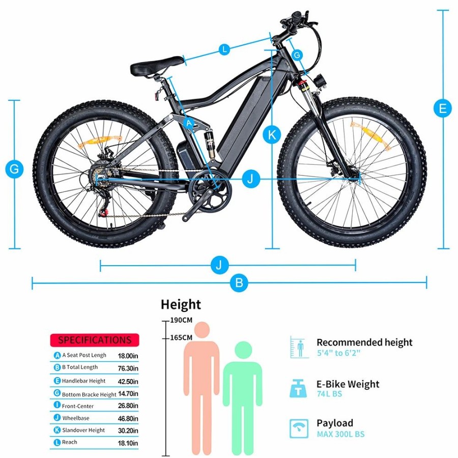 E-Bikes, Scooters & Wheels * | Ones1 Electric Bike 26*4.0 Inch Fat Tires 48V 500W Motor 10Ah Battery 25Km/H Max Speed Shimano 7 Speed Black