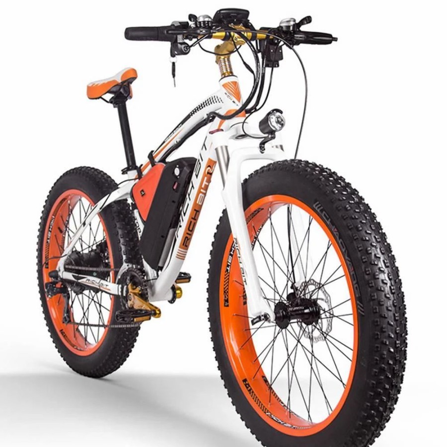 E-Bikes, Scooters & Wheels * | Rich Bit Top-022 Electric Mountain Bike 26*4.0 Inch Chaoyang Fat Tires 1000W Motor 48V 17Ah Battery 35Km/H Max Speed Up To 60Km Range Dual Disc Brake Lcd Display Ip54 Waterproof White Orange