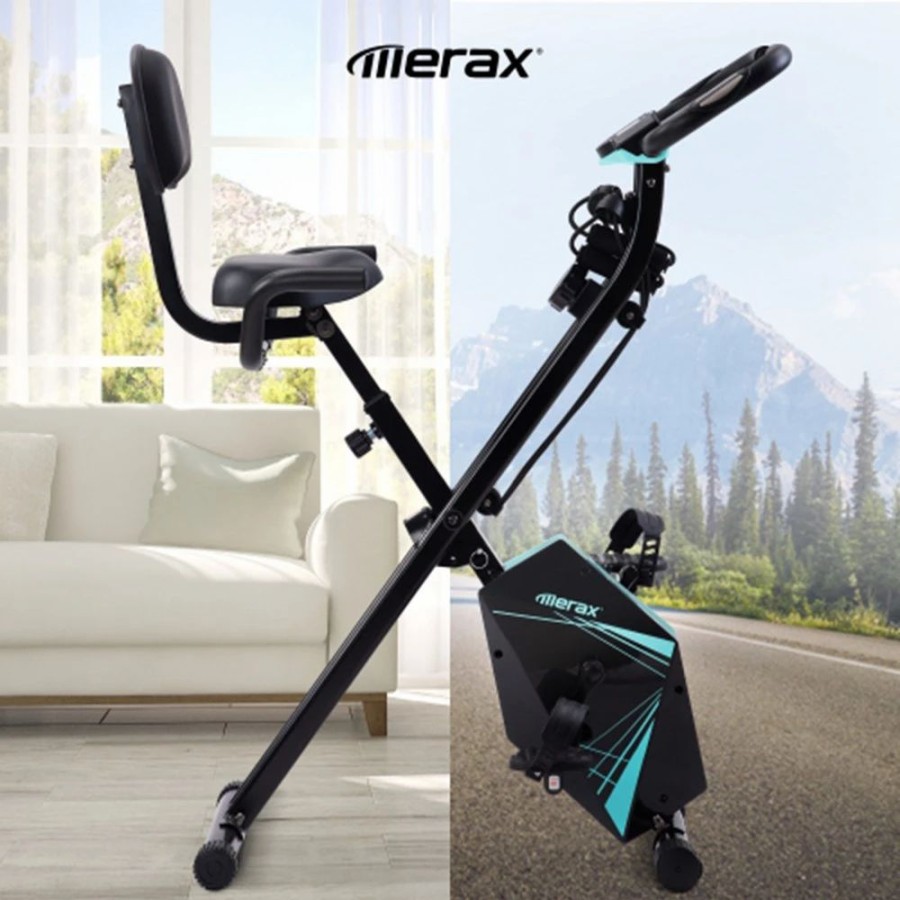 Exercise * | Merax Foldable Cycling Exercise Bike With Lcd Screen Adjustable Height And Arm Resistance Bands For Indoor Workout-Blue