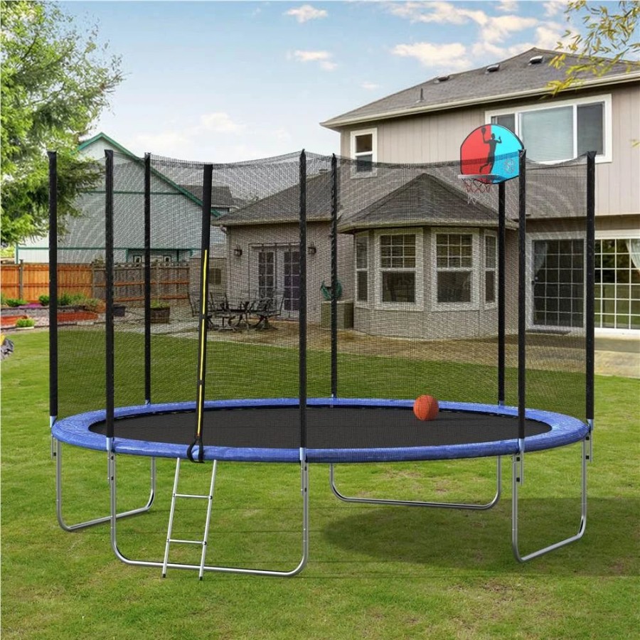 Exercise * | 12Ft Trampoline With Safety Enclosure Net & Ladder, Spring Cover Padding, Basketball Hoop -Blue