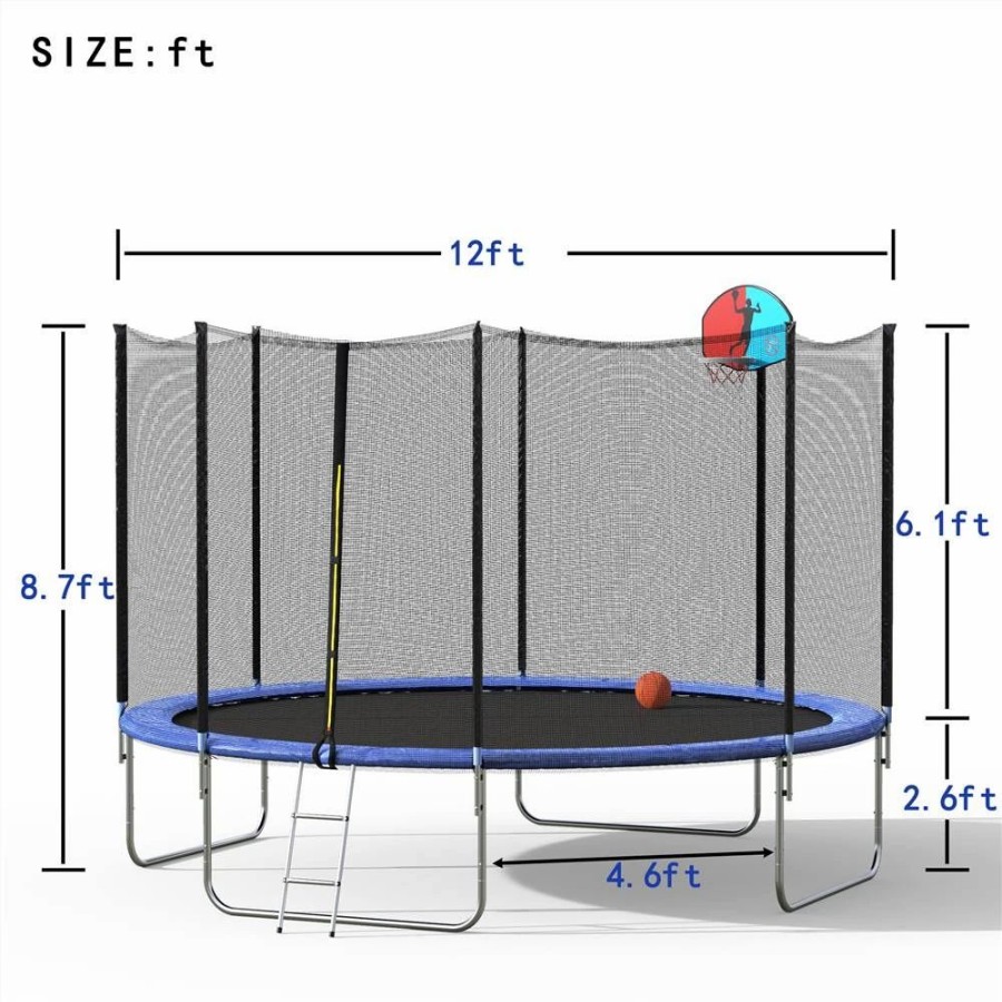 Exercise * | 12Ft Trampoline With Safety Enclosure Net & Ladder, Spring Cover Padding, Basketball Hoop -Blue