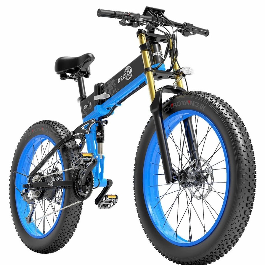 E-Bikes, Scooters & Wheels * | Bezior X-Plus Electric Bike 1500W Motor 48V 17.5Ah Battery 26*4.0 Inch Fat Tire Mountain Bike 40Km/H Max Speed 200Kg Load 130 Km Range Led Display Ip54 Waterproof Blue