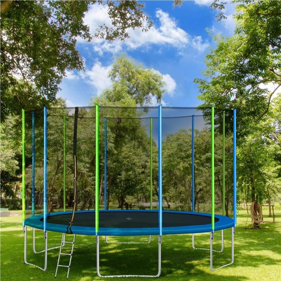 Exercise * | 16Ft Trampoline For Kids With Safety Enclosure Net, Ladder And 12 Wind Stakes, Round Outdoor Recreational Trampoline Blue