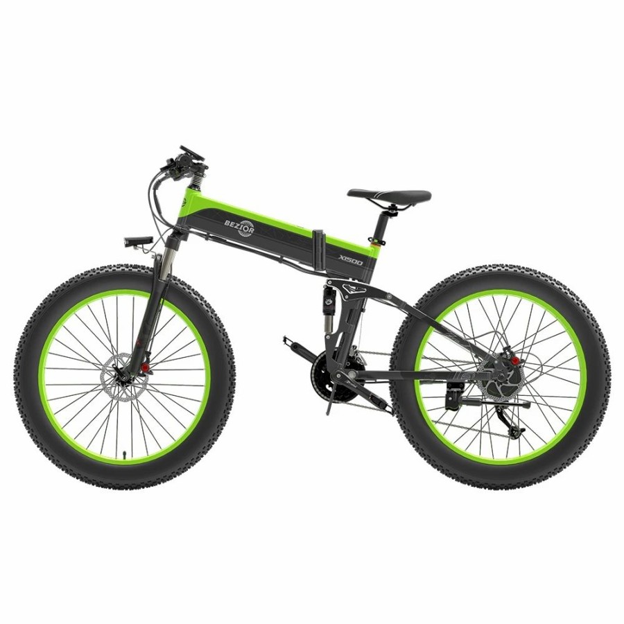 E-Bikes, Scooters & Wheels * | Bezior X1500 Folding Electric Mountain Bike 26*4.0 Inch Fat Tires 12.8Ah 48V 1500W 40Km/H 100Km Mileage Max Load 200Kg Shimano 27-Speed Shifter Black Green