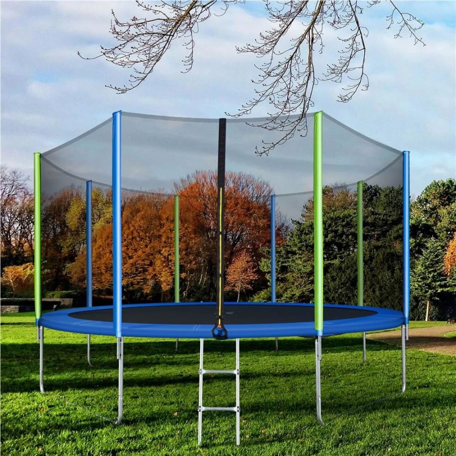 Exercise * | 12Ft Trampoline For Kids With Safety Enclosure Net, Ladder And 8 Wind Stakes, Round Outdoor Recreational Trampoline Blue