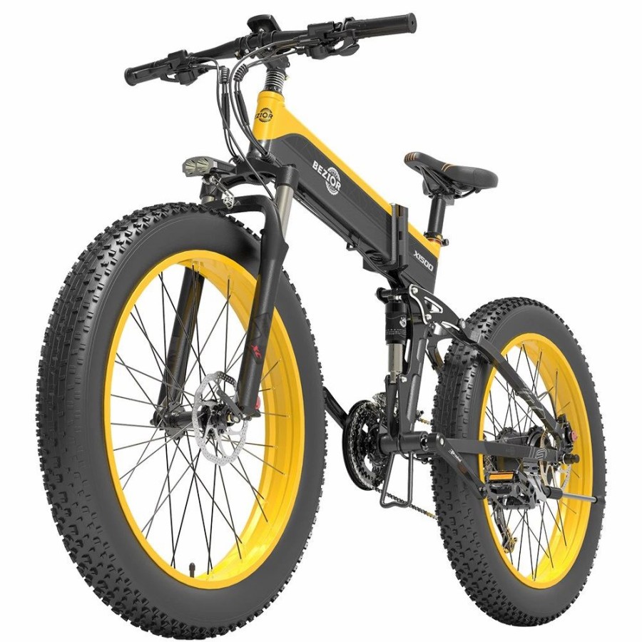 E-Bikes, Scooters & Wheels * | Bezior X1500 Folding Electric Mountain Bike 26*4.0 Inch Fat Tires 12.8Ah 48V 1500W 40Km/H 100Km Mileage Max Load 200Kg Shimano 27-Speed Shifter Black Yellow