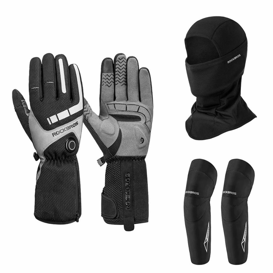 Cycling * | Rockbros Bicycles Heating Gloves M & Face Mask Headwear Hat & Winter Cycle Knee Pad Equipment Pack