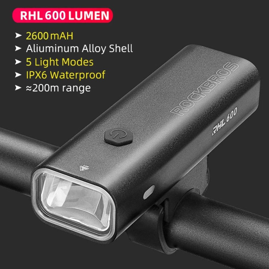 Cycling * | Rockbros Bicycle Light 600 Lumen 2600Mah Bike Headlight 5 Lightning Modes 200M Long Shot Black