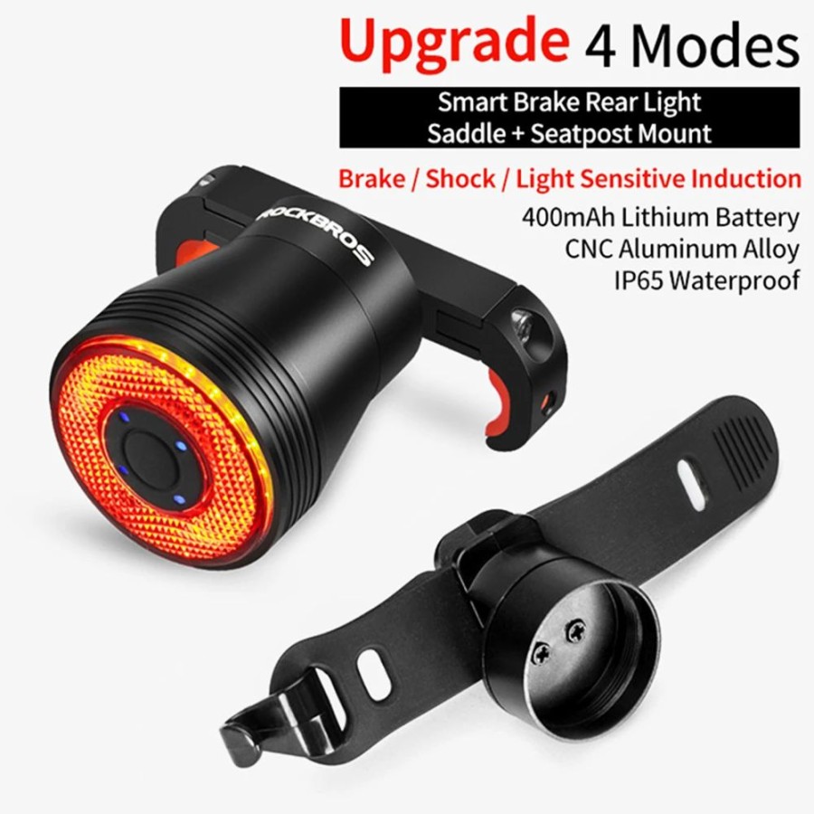 Cycling * | Rockbros Q5 Bike Light Smart Sensor Led Light Ipx6 Waterproof 4 Flash Modes Taillight Double Bracket