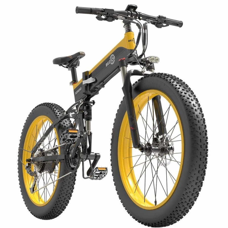 E-Bikes, Scooters & Wheels * | Bezior X1500 Folding Electric Mountain Bike 26*4.0 Inch Fat Tires 12.8Ah 48V 1500W 40Km/H 100Km Mileage Max Load 200Kg Shimano 27-Speed Shifter Black Yellow