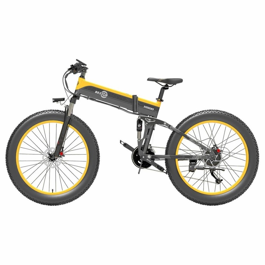 E-Bikes, Scooters & Wheels * | Bezior X1500 Folding Electric Mountain Bike 26*4.0 Inch Fat Tires 12.8Ah 48V 1500W 40Km/H 100Km Mileage Max Load 200Kg Shimano 27-Speed Shifter Black Yellow