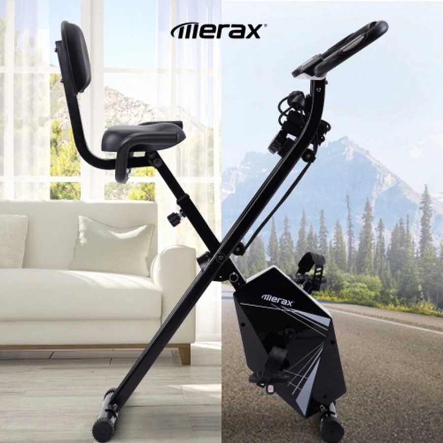 Exercise * | Merax Foldable Cycling Exercise Bike With Lcd Screen Adjustable Height And Arm Resistance Bands For Indoor Workout White