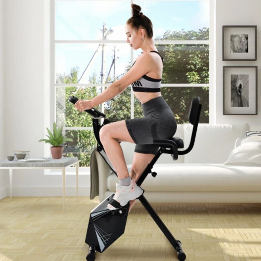 Exercise * | Merax Foldable Cycling Exercise Bike With Lcd Screen Adjustable Height And Arm Resistance Bands For Indoor Workout White