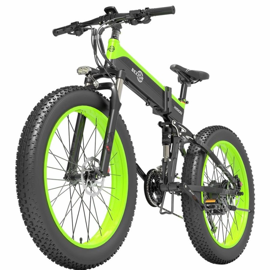 E-Bikes, Scooters & Wheels * | Bezior X1500 Folding Electric Mountain Bike 26*4.0 Inch Fat Tires 12.8Ah 48V 1500W 40Km/H 100Km Mileage Max Load 200Kg Shimano 27-Speed Shifter Black Green