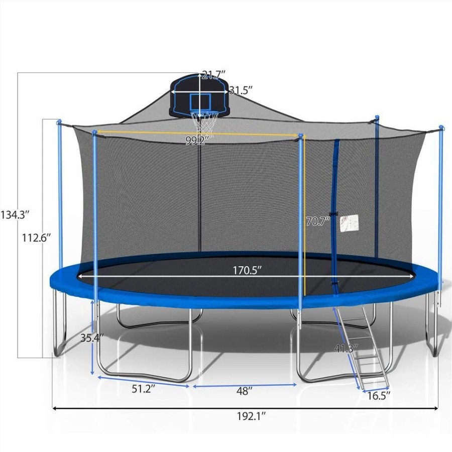 Exercise * | 16Ft Trampoline For Kids With 360-Degree Safety Net, Ladder And Basketball Hook Blue