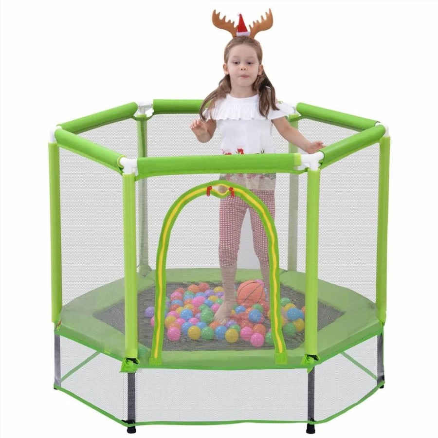 Exercise * | 55 Toddlers Trampoline With Safety Enclosure Net And Ocean Balls, Indoor Outdoor Mini Trampoline For Kids Green