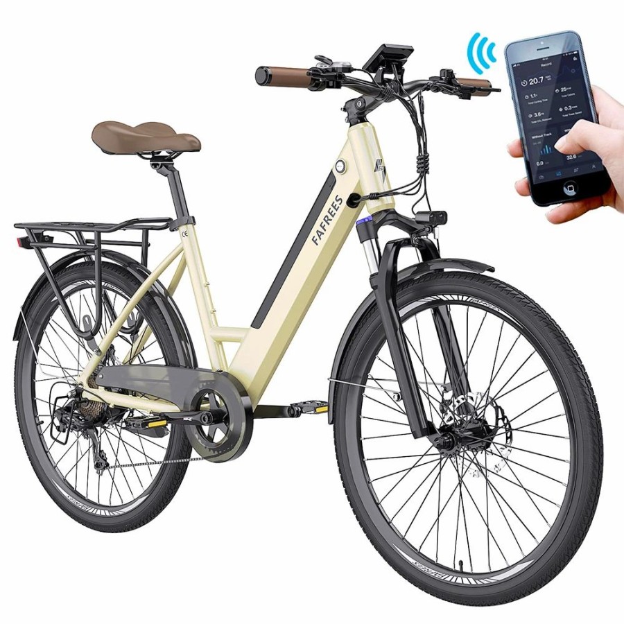 E-Bikes, Scooters & Wheels * | Fafrees F26 Pro City E-Bike 26 Inch Step-Through Electric Bicycle 25Km/H 250W Motor 36V 10Ah Embedded Removable Battery Shimano 7 Speed Dual Disc Brakes App Connect Golden