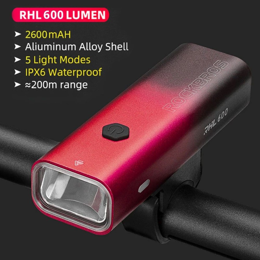 Cycling * | Rockbros Bicycle Light 600 Lumen 2600Mah Bike Headlight 5 Lightning Modes 200M Long Shot Black And Red Gradient