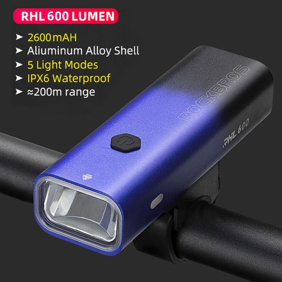 Cycling * | Rockbros Bicycle Light 600 Lumen 2600Mah Bike Headlight 5 Lightning Modes 200M Long Shot Black And Blue Gradient