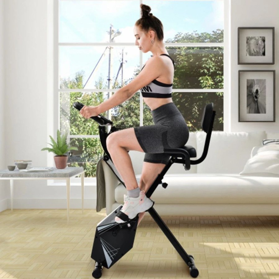 Exercise * | Merax Foldable Cycling Exercise Bike With Lcd Screen Adjustable Height And Arm Resistance Bands For Indoor Workout White